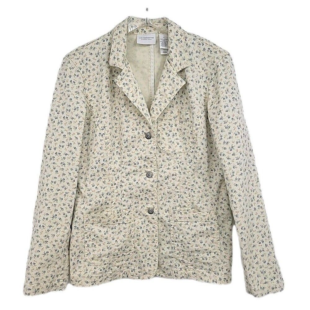 Liz Claiborne Womens Blazer Jacket Size Medium Pale Yellow Blue Flowers Cotton